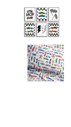 the back side of a sheet with cars and checkered squares on it, along with stickers