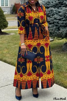 OliviaMark - Schicke und vielseitige Alltagskleidung: Raffiniertes Kleid mit gemischtem Druck, Gürtel und stilvollem Kontrast-Hemdkragen Mixed Print Dress, Long African Dresses, Contrast Dress, Afrikaanse Mode, Casual Chique, African Fashion Women Clothing, African Traditional Dresses, Traje Casual, African Print Dress