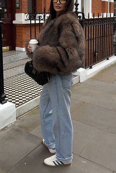 Nyc Winter Bar Outfits, Fur Coat Going Out Outfit, Fur Coat Jeans Outfit, Prada Monolith Boots Outfit, Snow Style Fashion, Aw24 Outfits, Winter Paris Outfits, Brown Fur Coat Outfit, December Fashion