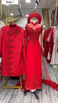 By purchasing, you agree to have read and understood the terms set out in our store policies and FAQs. If you're not happy with the terms, please do not proceed. Beautiful custom made traditional Vietnamese Ao Dai!  Choose between 3 styles - Red color with with beaded lace patterns on the bodice  - Can be ordered as lady only or couple - Lady ao dai has train Optional head piece at extra cost: please message us with a style you want - Price include standard satin pants (not skirt) for the lady's Viet Wedding Tea Ceremony Hair, Traditional Red Gown For Marriage, Red Festive Gown For Ceremony, Festive Red Sets For Ceremonies, Red Fitted Wedding Dress For Ceremony, Red Fitted Wedding Sets, Red Lace Gown With Sweep Train, Red Fitted Sets For Wedding, Elegant Red Wedding Sets