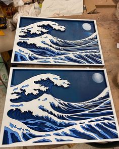 two pieces of art that have been made to look like the great wave in blue and white