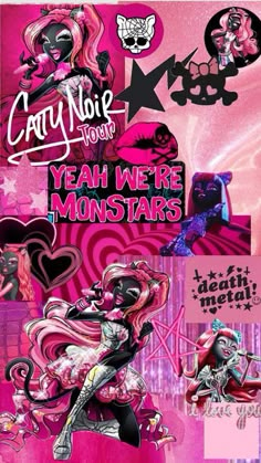 a poster with pink and black designs on it's back cover, says yeah we're monstars