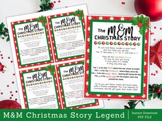 four christmas story pages with ornaments around them and the text, m & m christmas story legend