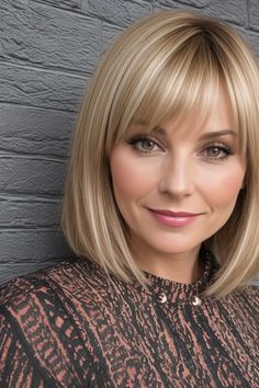 blonde highlights and a medium length layered cut with blunt bangs Medium Length Hair With Fringe, Medium Bob With Fringe, Blonde Bob With Fringe, Long Bob Blonde, Blonde Shades, 60 Hair, Layered Cut, Chin Length Hair