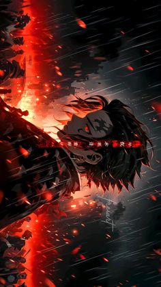 an anime character with red eyes and black hair, standing in front of a fire