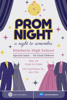 prom night flyer with clothes hanging on the curtain and stars around it, as well as text that reads prom night a night to remember rimbero high school special guest