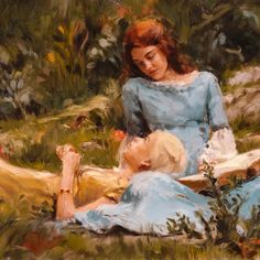 a painting of two women sitting in the grass