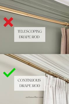 two pictures showing how to hang curtains and draperies