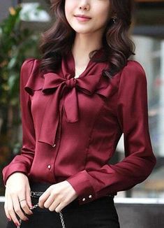 $39.90 - Cute and formal shiny dark red wine shirt blouse top with knot and long sleeves for elegant ladies, pretty teens and chic women. Perfect for work office, business and professional every day wear. Elegant Formal Solid Color Blouse, Elegant Solid Color Top For Office, Elegant Solid Tops For Office Wear, Long Sleeve Blouse For Semi-formal Fall Occasions, Professional Long Sleeve Tops For Formal Occasions, Formal Long Sleeve Office Lady Top, Semi-formal Office Lady Tops For Fall, Semi-formal Fall Office Lady Blouse, Semi-formal Fall Office Lady Tops