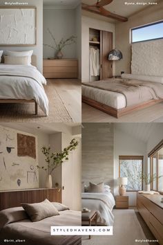 there are four pictures of different rooms in the same house, each with one bed and two nightstands