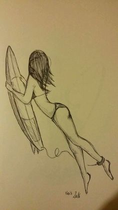 a drawing of a woman sitting on a surfboard with her legs crossed and holding a surfboard