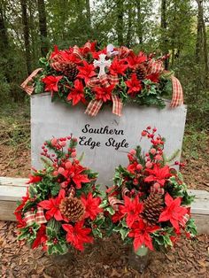 a sign with poinsettis and pine cones on it that says southern edge style