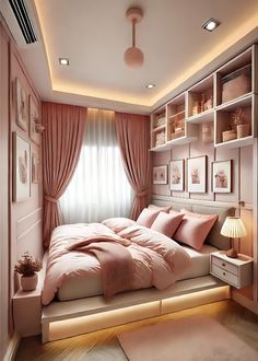 a bed with pink sheets and pillows in a room that has shelving on the wall