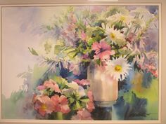 a watercolor painting of flowers in a vase on a table next to a wall