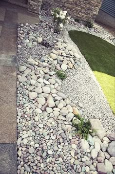 a rock garden bed with grass and flowers in the middle, along side a house