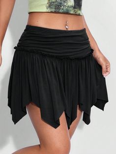 Women's Solid Color Pleated Asymmetrical Hem Skirt Black Casual   Knitted Fabric Plain A Line,Asymmetrical Medium Stretch  Women Clothing, size features are:Bust: ,Length: ,Sleeve Length: Asymmetrical Black Skirt, Asymmetrical Skirt Outfit, Black Sheer Skirt, Outfit Core, Fun Skirts, Sew Skirt, Grunge Skirt, Skirt Images, Gothic Skirts