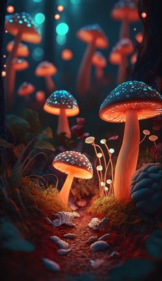 some mushrooms that are glowing in the dark night forest with blue and red lights shining on them