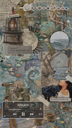 mixed media collage with various images and words on it, including an image of a lighthouse