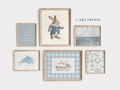 a set of seven framed pictures with animals and ships on them, all in different frames