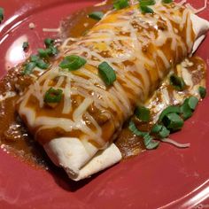 a red plate topped with enchilada covered in sauce and green garnish