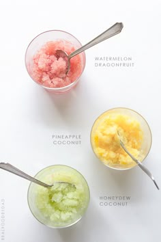 three small bowls with different types of food in them on a white surface, one containing watermelon, pineapple, and coconut