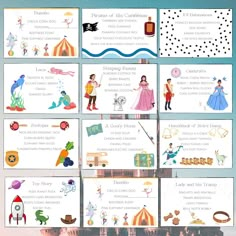 an image of children's story cards with pictures and words on them in english