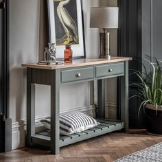 Rustic Green Console Table – Oak Top, Two Drawers, and Slatted Shelf -  Decor interiors Low Shelf, Large Console Table, Oak Console Table, Wooden Console Table, Wooden Console, Drawer Design, Dining Areas, Wood Console Table, Cabinet Styles