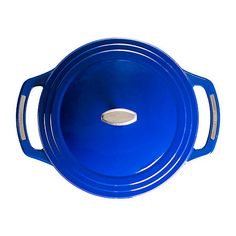 a blue casserole dish is shown on a white background with clippings