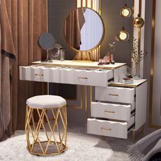 a white vanity with gold accents and a round mirror on the wall above it, next to a stool