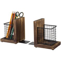 two wooden boxes with pens, scissors and pencils in them