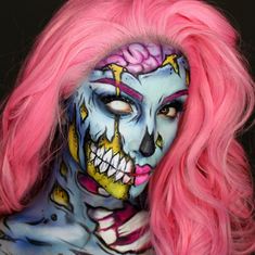 Maquillage d’Halloween: zombie coloré—Aperçu sur le compte Instagram de @ellie35x     Le produit à adopter pour recréer ce look :     Ensemble de 12 couleurs ProPalette Paradise Makeup AQ, de Mehron    Prix : env. 172 $ Pop Art Zombie, Pop Art Makeup, Skeleton Makeup, Creative Shop, Amazing Halloween Makeup, Horror Makeup, Zombie Makeup, Halloween Makeup Inspiration, Halloween Eyes