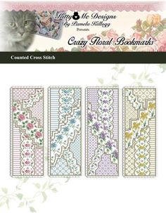 four cross stitch bookmarks with flowers and leaves on them, each featuring an image of a