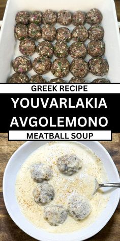 the ingredients for greek meatballs are shown in bowls and on plates, along with a bowl of soup