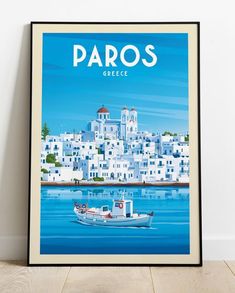 a poster with the name paros on it in front of a white building and blue water