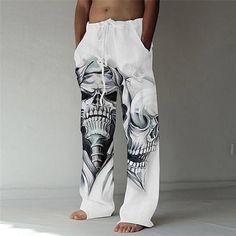 Season:Spring  Summer; Fabric:Polyester; Gender:Men's; Style:Big and Tall,Fashion; Occasion:Casual,Daily; Fit Type:Regular Fit; Function:Comfort,Soft; Waistline:Mid Waist; Pattern:Skull,Graphic Prints; Design:Straight Leg,Front Pocket,Elastic Drawstring Design; Pants Type:Beach Pants,Trousers,Straight; Fly Type:Drawstring; Front page:FF; Production mode:External procurement; Hips:; Length:; Waist:; Fit US Size:null; Fit UK Size:null; Fit EU Size:null; Print Type:3D Print School Pool, Printed Linen Pants, Mens Beach Pants, Outdoor Exercise, Autumn Wear, Pants Loose, Baggy Pants