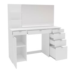 a white desk with drawers and shelves on it