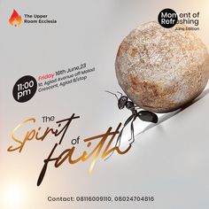 an advertisement for the spirit of faith with a rock and antelope on it