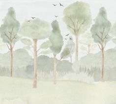 watercolor painting of trees and birds flying in the sky