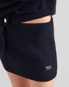 Ribbed knit Miniskirt fit Leather logo patch Patch pocket Baddies Outfits, Prada Skirt, Silk Cardigan, Soft Design, Wool Mini Skirt, Knit Texture, Leather Logo, Blue Wool, Knitting Inspiration