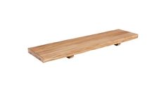 a wooden shelf sitting on top of a white wall in front of a white background