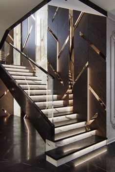 the staircase is made out of wood and metal