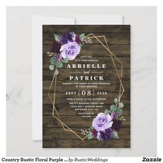 wedding card with purple flowers and greenery on wooden planks, in the shape of a circle