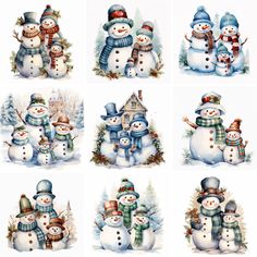 six snowmen with different hats and scarves