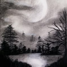 a drawing of a lake with trees in the foreground and a full moon above it