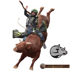 a man riding on the back of a brown cow next to a sticker with an image of a bull