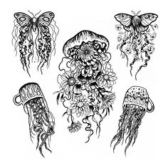 four jellyfishs with flowers and butterflies on their heads are drawn in black ink