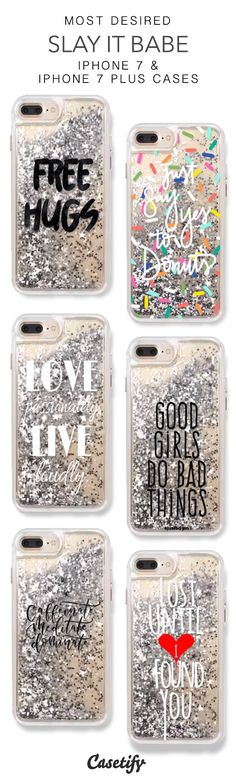 four iphone cases with different designs and words on the front, one is clear and two are