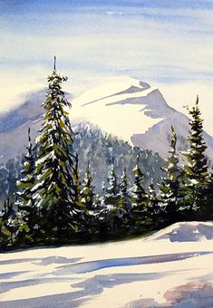 a painting of snow covered trees in front of a mountain