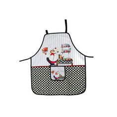 a black and white apron with a cartoon character on it