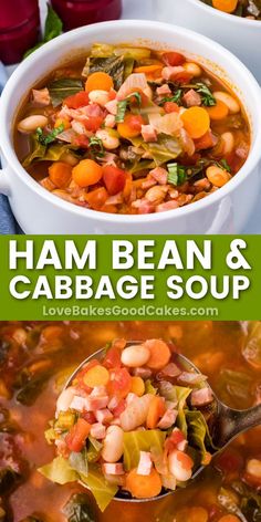 Ham Bean Cabbage Soup pin collage Bean Cabbage Soup, Bean And Cabbage Soup, Healthy Cabbage Soup, Ham And Cabbage Soup, Healthy Ham, Ham And Cabbage, Ham Soup Recipes, Cabbage Recipes Healthy, Savory Ham